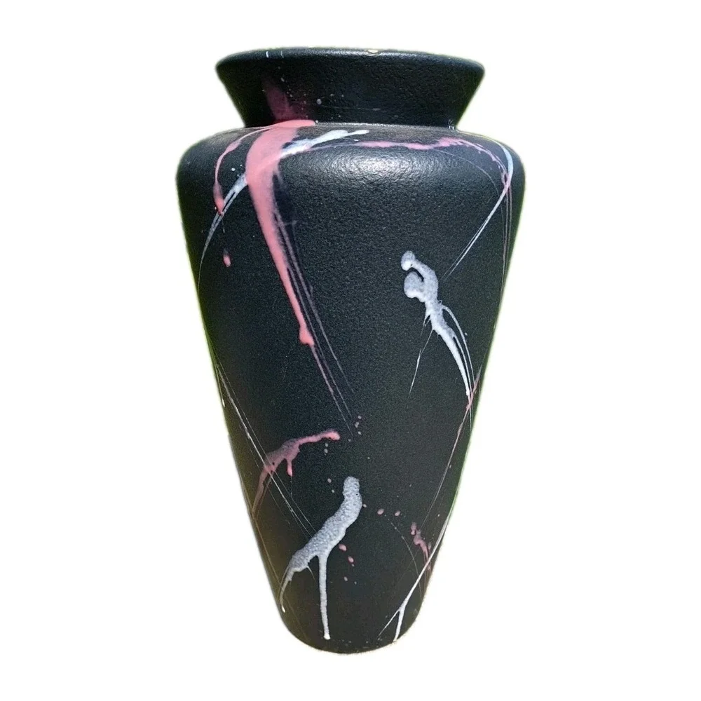 Vintage 80s Harris Pottery Vase Classic Black Pink/White Splatter Retro Abstract